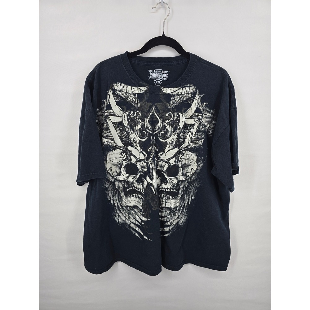 MMA Elite Mens 2XL Black Graphic T-Shirt Double Skull Wings Y2K Streetwear Tee